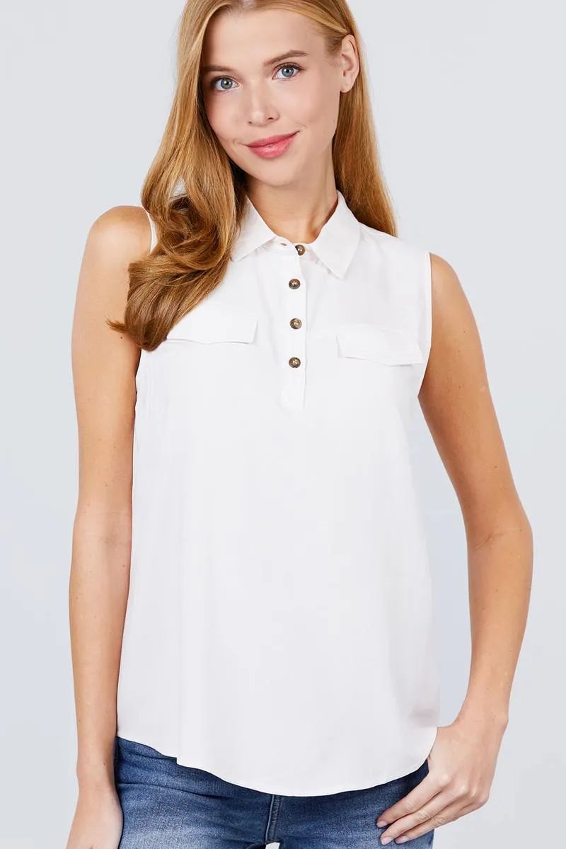 Sleeveless Front Flap Pocket Button Down Woven Shirts