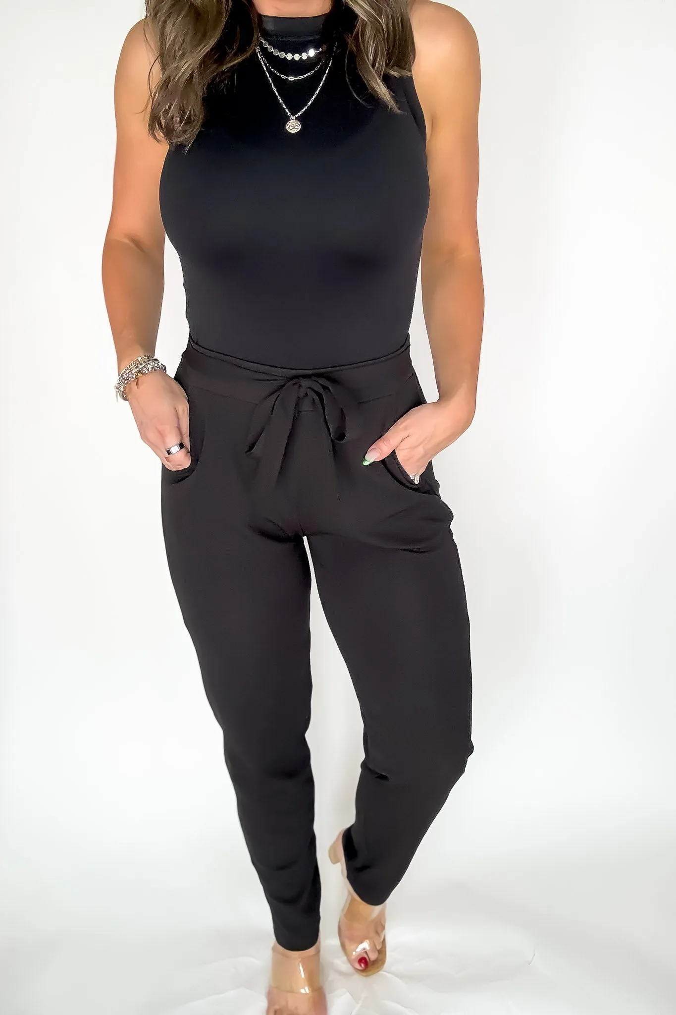 SR Basic Black Knit Crepe High Waist Self Tie Straight Pants