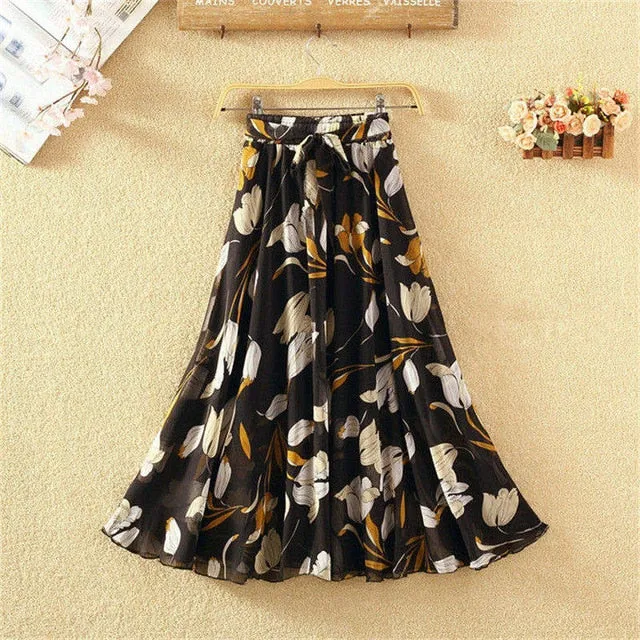 Summer Long Skirts Women Elegant Casual Chiffon Plus Size Skirt High Waist Floral Print Streetwear Maxi Ladies Beach Skirts Q238