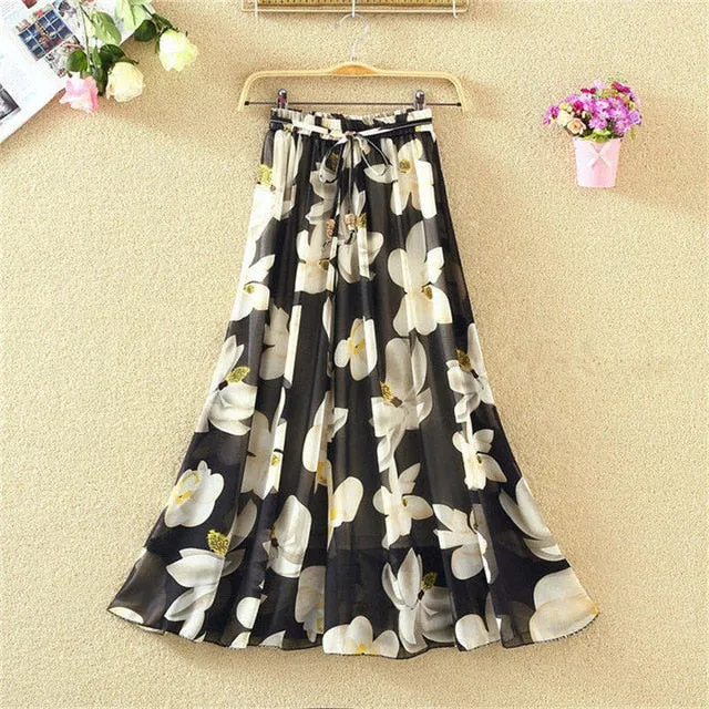 Summer Long Skirts Women Elegant Casual Chiffon Plus Size Skirt High Waist Floral Print Streetwear Maxi Ladies Beach Skirts Q238