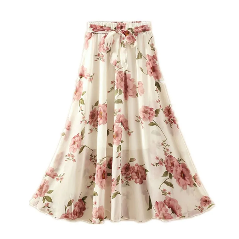 Summer Long Skirts Women Elegant Casual Chiffon Plus Size Skirt High Waist Floral Print Streetwear Maxi Ladies Beach Skirts Q238