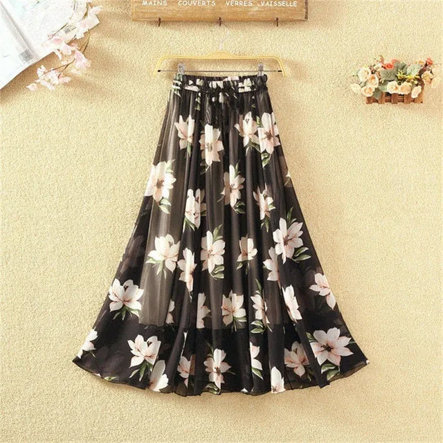 Summer Long Skirts Women Elegant Casual Chiffon Plus Size Skirt High Waist Floral Print Streetwear Maxi Ladies Beach Skirts Q238