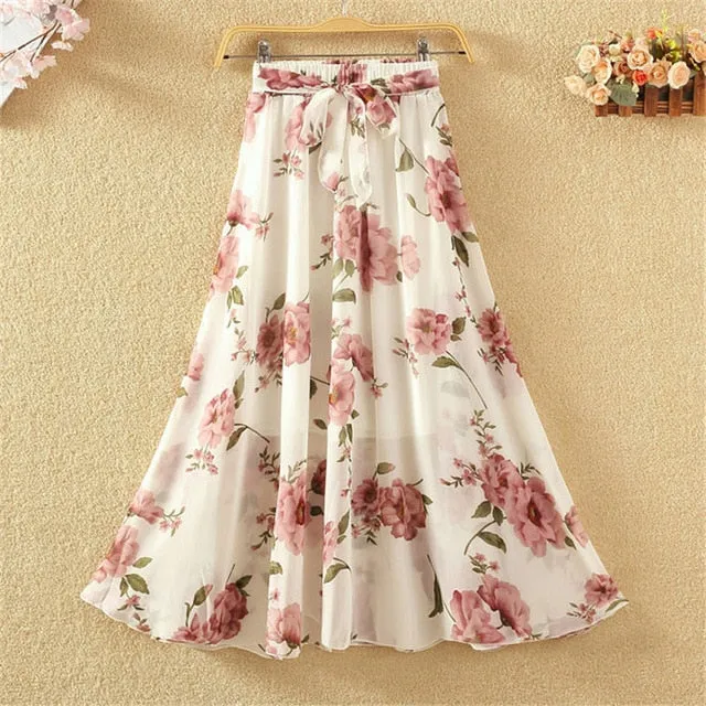 Summer Long Skirts Women Elegant Casual Chiffon Plus Size Skirt High Waist Floral Print Streetwear Maxi Ladies Beach Skirts Q238