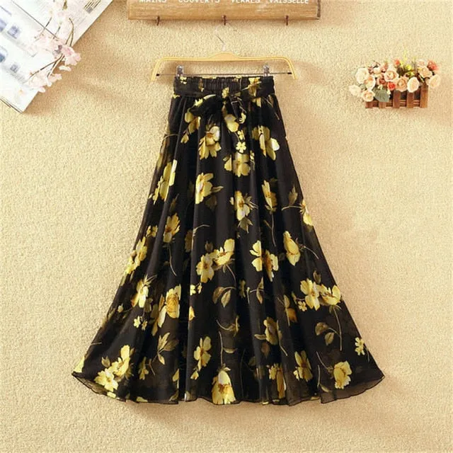 Summer Long Skirts Women Elegant Casual Chiffon Plus Size Skirt High Waist Floral Print Streetwear Maxi Ladies Beach Skirts Q238