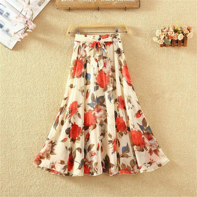 Summer Long Skirts Women Elegant Casual Chiffon Plus Size Skirt High Waist Floral Print Streetwear Maxi Ladies Beach Skirts Q238