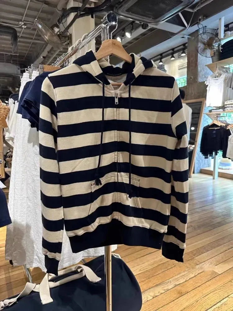 TAVIMART  -  Casual Women Black And Beige Striped Sweatshirts Autumn Vintage Pocket Hooded Long Sleeve Coats Female Chic Zipper Outwears