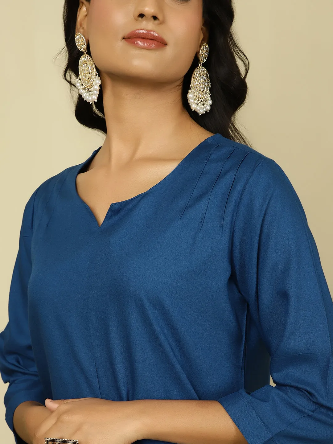 Teal Blue Pleated Straight Kurta With Pants