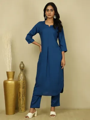 Teal Blue Pleated Straight Kurta With Pants