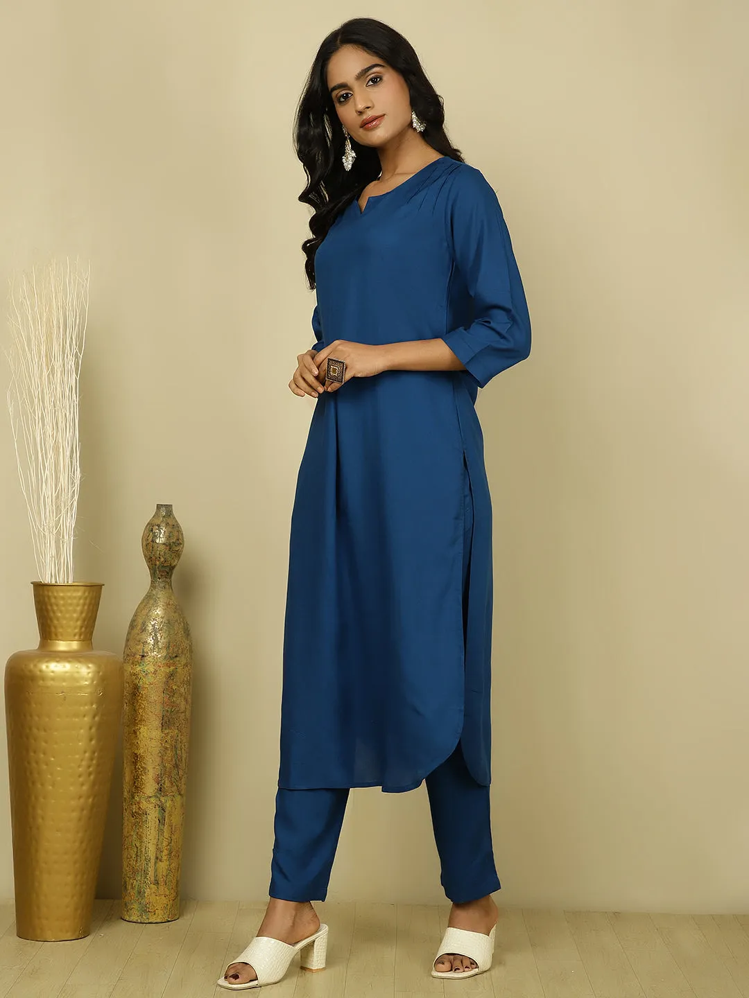 Teal Blue Pleated Straight Kurta With Pants