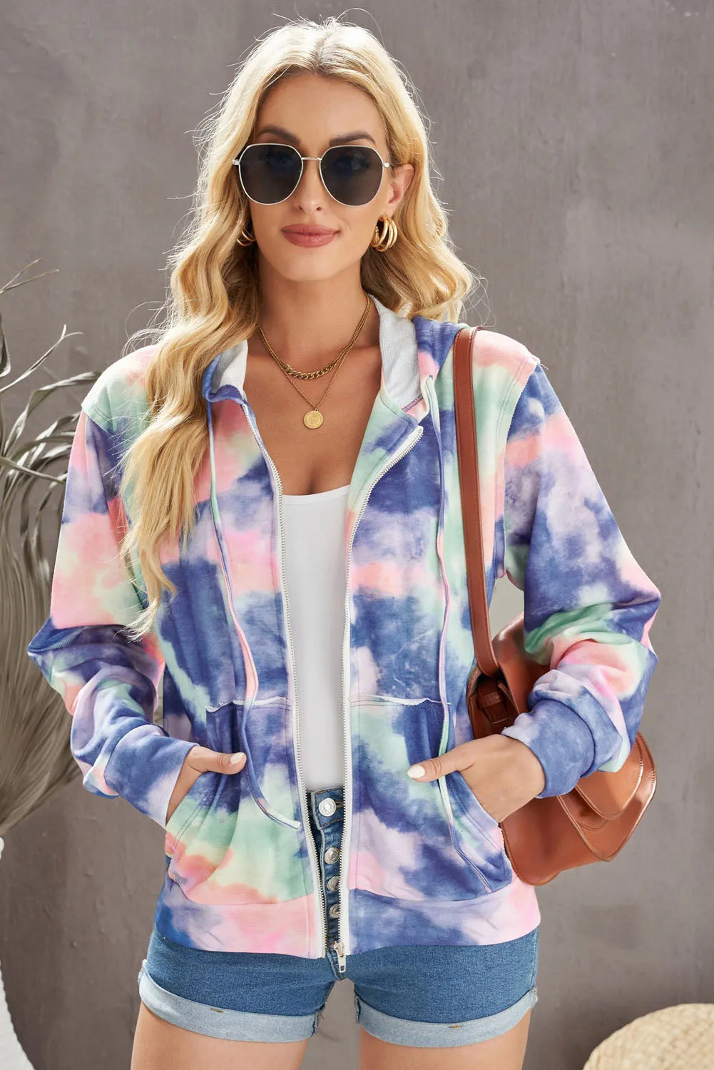 Tie-Dye Drawstring Detail Zip Up Hooded Jacket