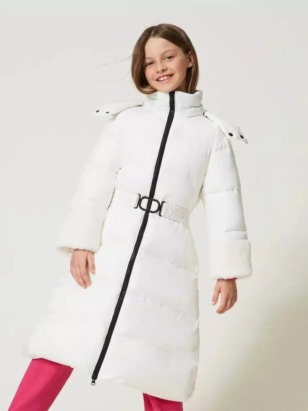 TWINSET Long puffer jacket with faux fur - 232GJ2111 White