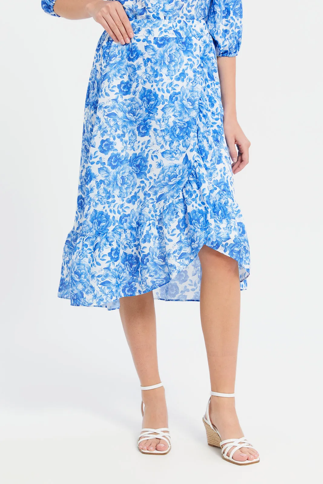 Women Blue Printed Ruffled Skirt